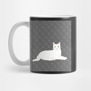 The White cat on a patterned background chilling and watching you. Mug